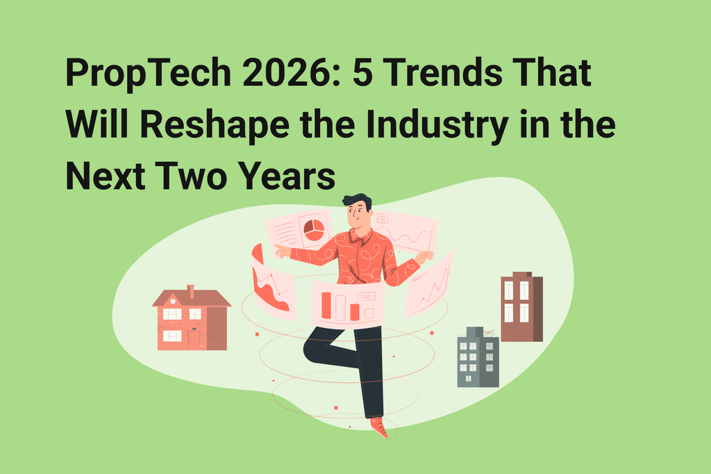 Illustration of a person surrounded by revolving analytics screens, with small house and apartment building icons around them on a green background.