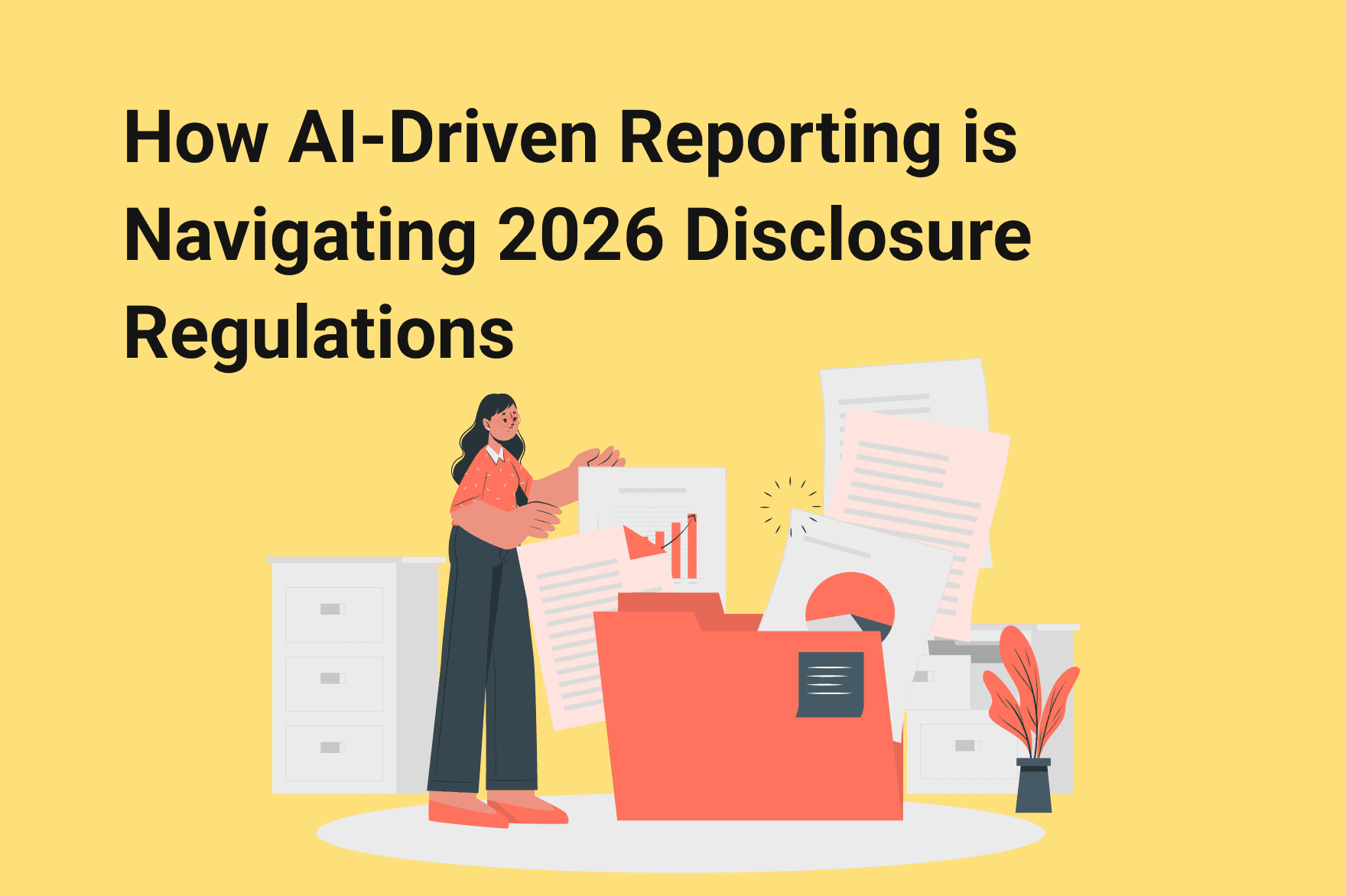 Illustration of a person organizing papers into a large folder while documents fly out in an office setting.